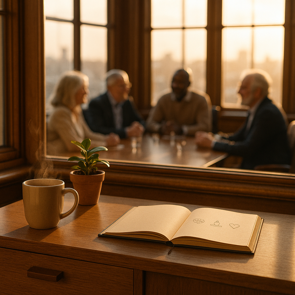 Sunlit British corner boardroom at golden hour; on a wooden sideboard a steaming mug of tea, a small plant and an open journal with subtle, non-legible mind–body–spirit icons; diverse senior team in soft focus behind; 3:2.